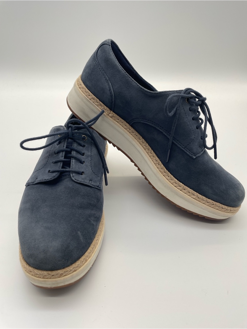 Clarks Artisan Blue Suede Platform Oxford Espadrille Shoes Size 8